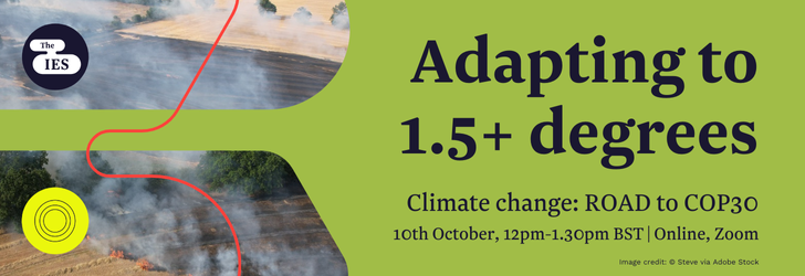 Wildfire across farmland under rising cloud of smoke with overlaid text "Adapting to 1 point 5 plus degrees, climate change: road to cop 30, 10th October, 12pm to 3.30pm, Online, Zoom"