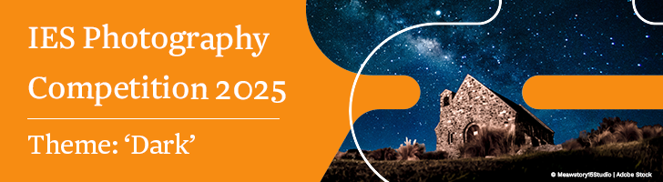 A banner image with the words 'IES Photography Competition 2025: Dark', accompanied by a graphic shape photo of a dark starry sky with a house underneath