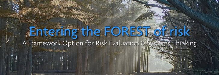 forest with overlaid text "Entering the FOREST of risk: a framework option for risk evaluation & systems thinking - read the report"