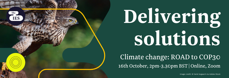 Goshawk taking flight with clear purpose with text "Delivering solutions, climate change: road to cop 30, 16th October 2pm to 3.30pm BST, Online, Zoom"