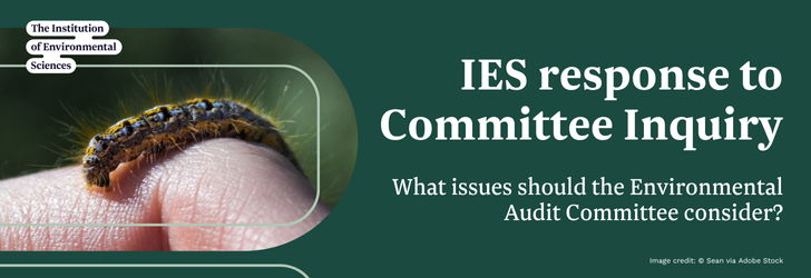 Close-up zoom on a caterpillar sitting on a finger, with text "IES response to Committee Inquiry: what issues should the Environmental Audit Committee consider?"