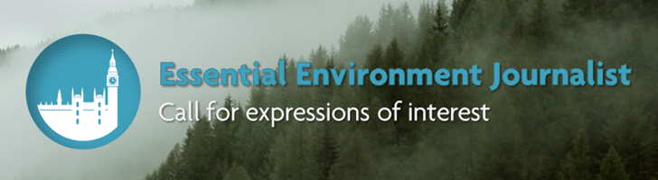 Misty trees with overlaid text: "Essential Environment Journalist - call for expressions of interest"