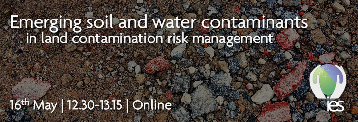 soil with stones in it and overlaid text "Emerging soil and water contaminants in land contamination risk management, 16th May | 12.30-13.15 | Online"