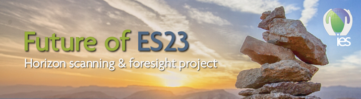 sunrise with aesthetic pile of stones, with overlaid text: "Future of ES23: horizon scanning & foresight project"