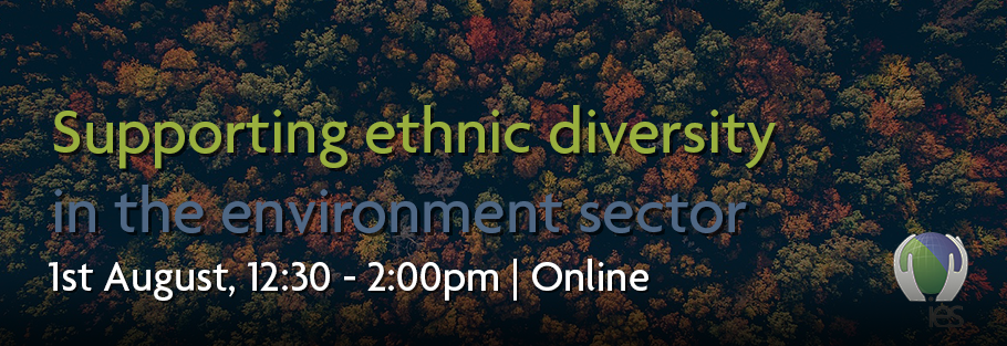 Photograph of ariel view of autumnal forest overlaid with text: Supporting ethnic diversity in the environment sector, 1st August 12:30 - 2:00pm online