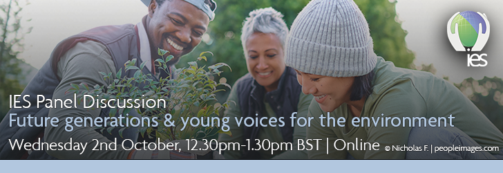 Young people planting seeds with overlaid text "IES Panel Discussion: Future generations & young voices for the environment, Wednesday 2nd October, 12.30pm-1.30pm BST, Online