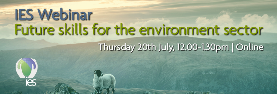 sunrise over mountains with sheep, overlaid text "IES Webinar: Future skills for the environment sector, Thursday 20th July, 12.00-1.30pm, online"