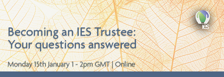 Banner showing overlapping transparent orange leaves, superimposed with text reading "Becoming and IES Trustee: Your questions answered. Monday 15th January. 1pm - 2pm GMT. Online"