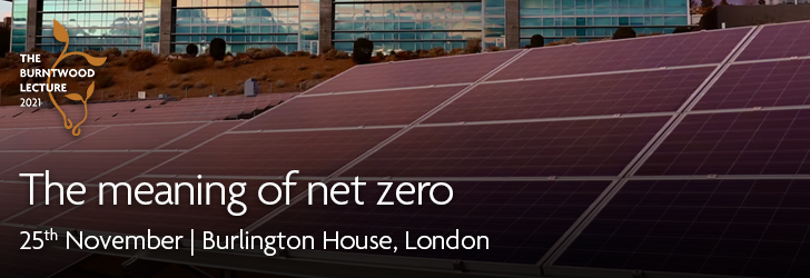 Banner with solar panels with text The meaning of Net Zero November 25th Burlington House, London