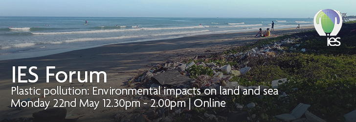 View of a sandy beach with a wave coming in from the left, with people in the background. Lots of debris can be seen on the beach. Overlaid with text reading: "IES Forum - Plastic pollution: Environmental impacts on land and sea. Monday 22nd May, 12:30pm - 2pm, Online"