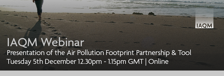 View of a sandy beach with footprints across it, with a person shown walking away from view in the top left hand corner. Overlaid with text reading "IAQM Webinar: Presentation of the Air Pollution Footprint Partnership & Tool. Tuesday 5th December, 12.30 - 1.15pm GMT. Online" IAQM logo is shown in the top right corner