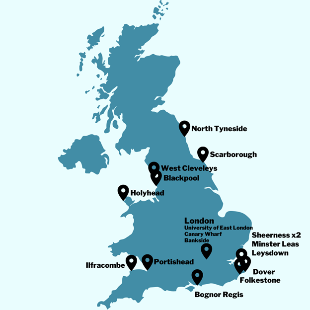 A map of the UK showing markers at locations across the country, indicating where each Bin for Green Seas can be found.