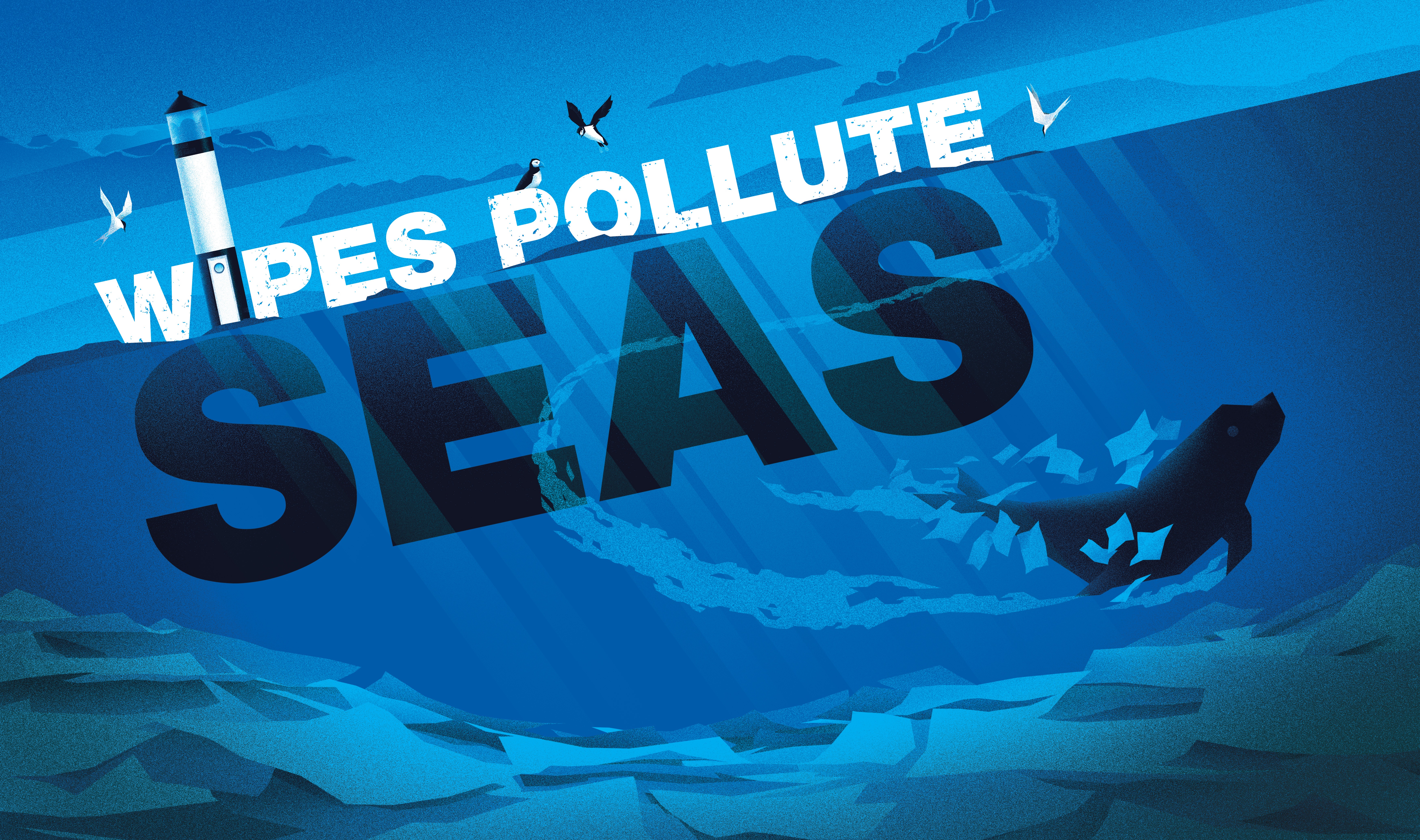 A digital illustration of a seascape with a seal entangled in wet wipes, overlaid with the caption 'wipes pollute seas'.