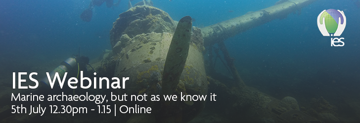 Sunken plane with overlaid text: IES Webinar: Marine archaeology, but not as we know it, 5th July, 12:30-1:15, online