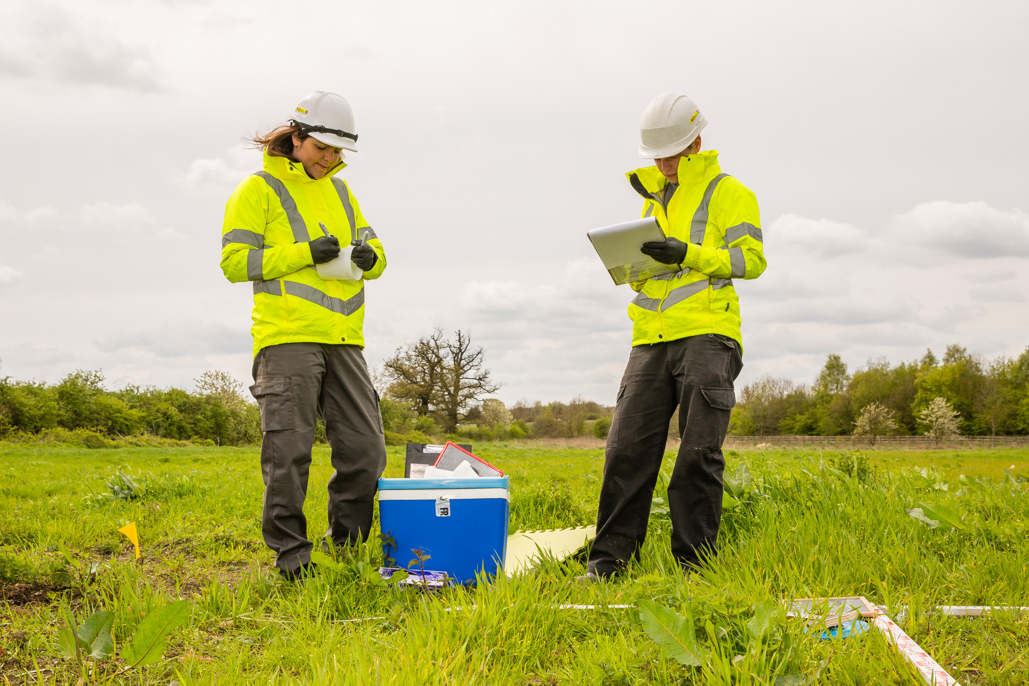 Two land condition professionals in the field wearing hi vis jackets 