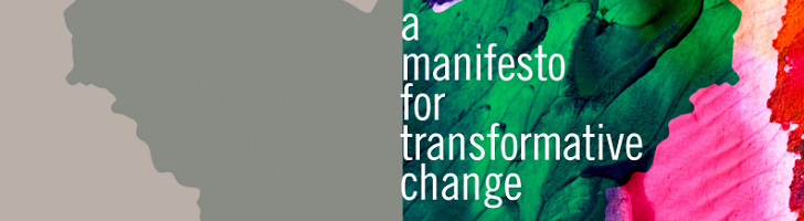 Colourful butterfly with overlaid text: "a manifesto for transformative change"