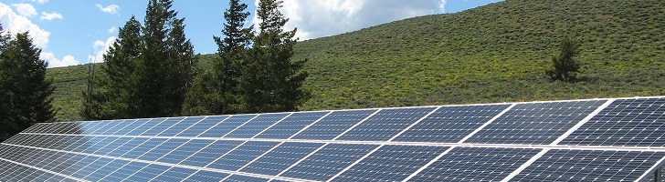 open field with trees and solar panels