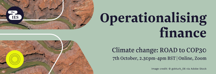 Winding river through a dusty valley in drought with overlaid text "operationalising finance, climate change: road to cop 30, 7th October 2.30pm to 4pm, Online, Zoom"