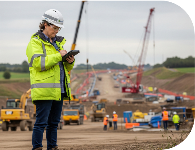 AI generated image of a female ecologist at a road construction site