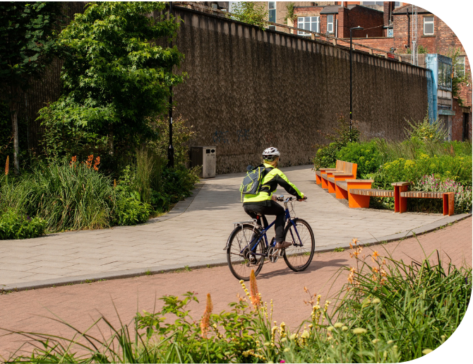 Cyclist in Sheffield Grey to Green development