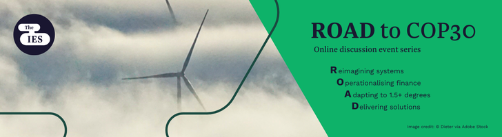 Offshore wind farm in turbulent weather with text: "ROAD to COP30 online discussion event series: Reimagining systems, Operationalising finance, Adapting to 1.5 plus degrees, Delivering solutions"