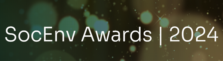 A blue-green background image with the words SocEnv Awards - 2024 across it.