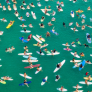 Group of surfers in the ocean pictured from above