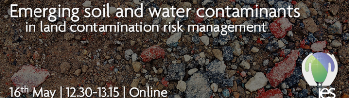 soil with stones in it and overlaid text "Emerging soil and water contaminants in land contamination risk management, 16th May | 12.30-13.15 | Online"