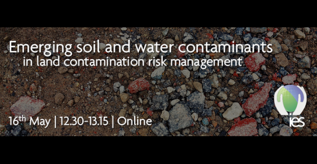 soil with stones in it and overlaid text "Emerging soil and water contaminants in land contamination risk management, 16th May | 12.30-13.15 | Online"