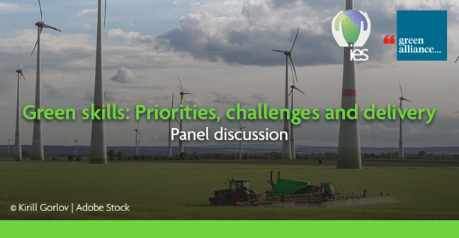 Wind turbines and tractor with overlaid text: "Green skills: Priorities, challenges and delivery, panel discussion © Kirill Gorlov | Adobe Stock"