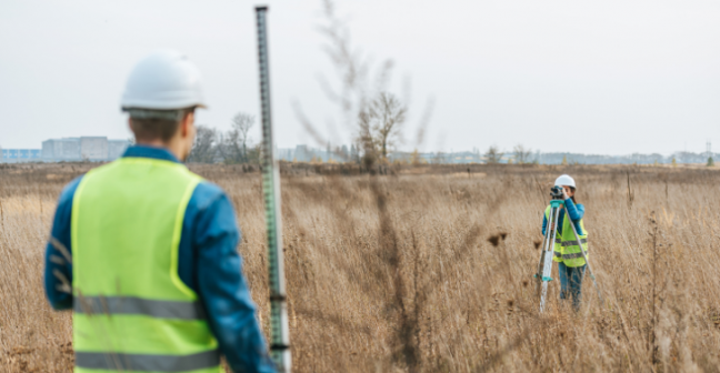 Environmental professionals working in a pair in a field with technical instruments