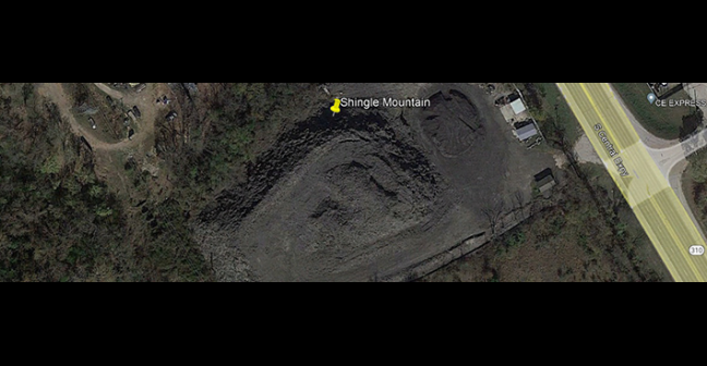 A Google Maps birds eye image of Shingle Mountain in 2020.