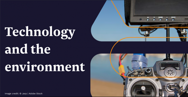 Remote control drone with overlaid text "Technology and the environment"