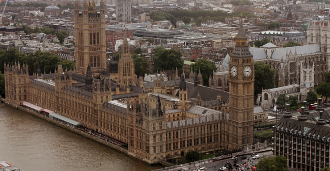 A picture of the UK Parliament, taken from the air 