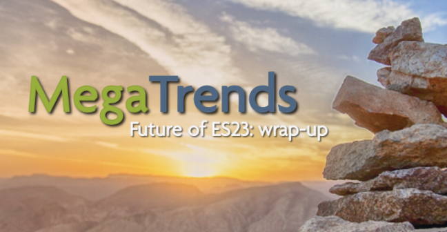 Aesthetic pile of stones with sunset and overlaid text "megatrends: future of es23 wrap-up"