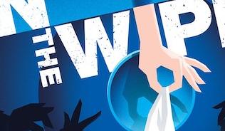 A graphic image with a blue background, with the words 'Bin the Wipe' and an image of a hand placing a wipe in a bathroom bin.