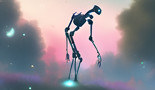 An image generated by DreamStudio AI programme, with a tall robot-like figure walking through a dreamy landscape with fireflies in the foreground