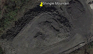 A Google Maps birds eye image of Shingle Mountain in 2020.