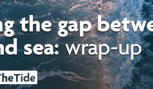 Overhead view of the ocean with a wave 2/3 of the way across. Superimposed with text reading "Bridging the gap between land and sea: wrap-up. #IESTurningTheTide." Bottom right corner features the IES and UN Ocean Decade logos.