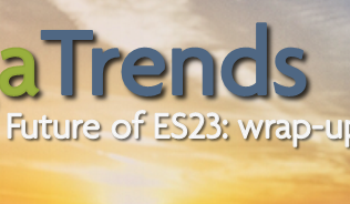 Aesthetic pile of stones with sunset and overlaid text "megatrends: future of es23 wrap-up"