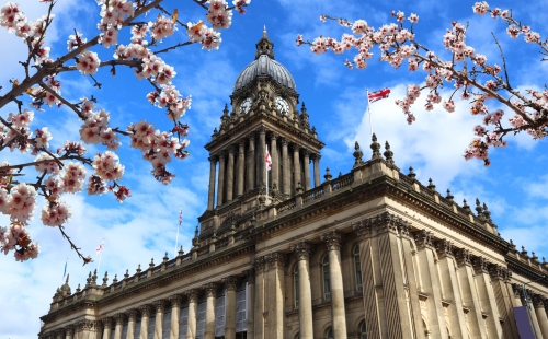 Leeds City Hall with cherry blossoms