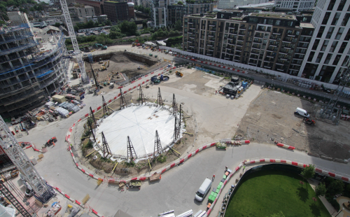 An overhead shot of a former gasworks remediation site in Fulham, London