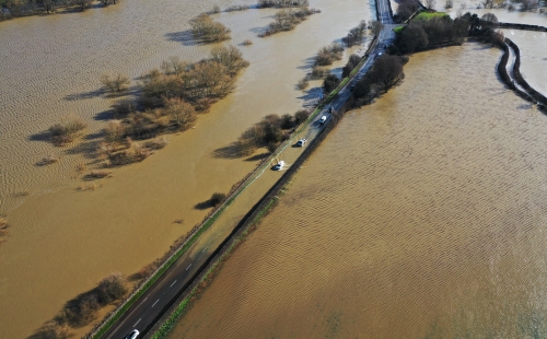 Flooded road in Shropshire, England 