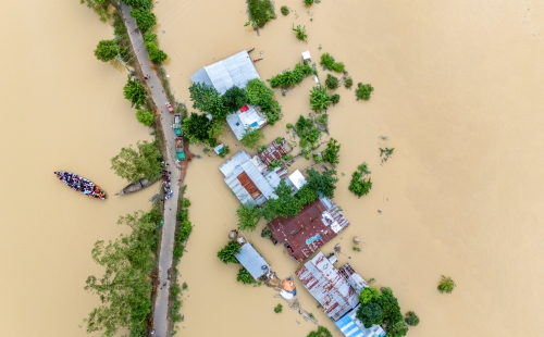 Aerial view of flood affected villages in Eastern Bangladesh 