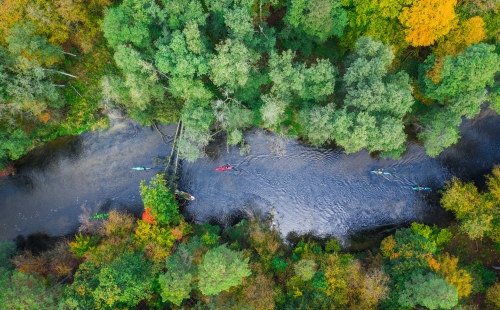 Group of kayakers paddling down a river, aerial view