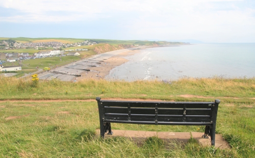 A bench overlooking St Bees beach on the Cumbrian coast, near the proposed coal mine site at Whiteha