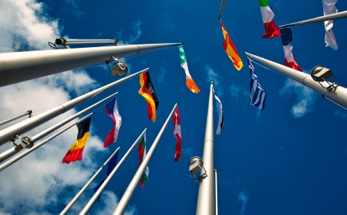 EU member state flags worms eye view 