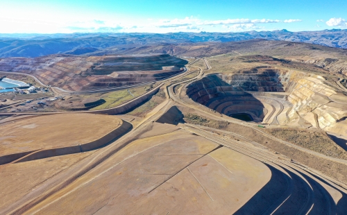 Aerial view of open pit mine with remediation