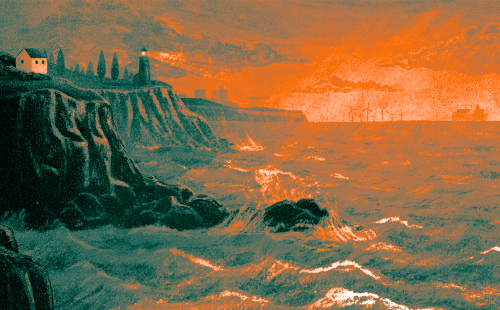 Cover of Where Sea and People Meet showing people looking at choppy orange and teal sea