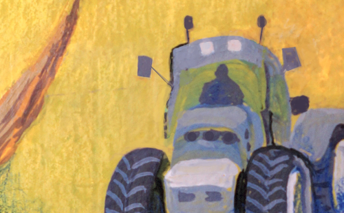 Cover image for Fields of Change issue: a painting with a golden field, a tractor, and berries visible